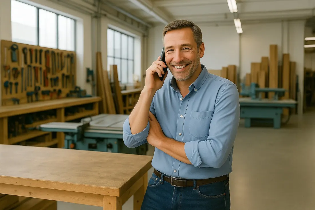 Lächelnder Mann telefoniert in einer Holzwerkstatt.