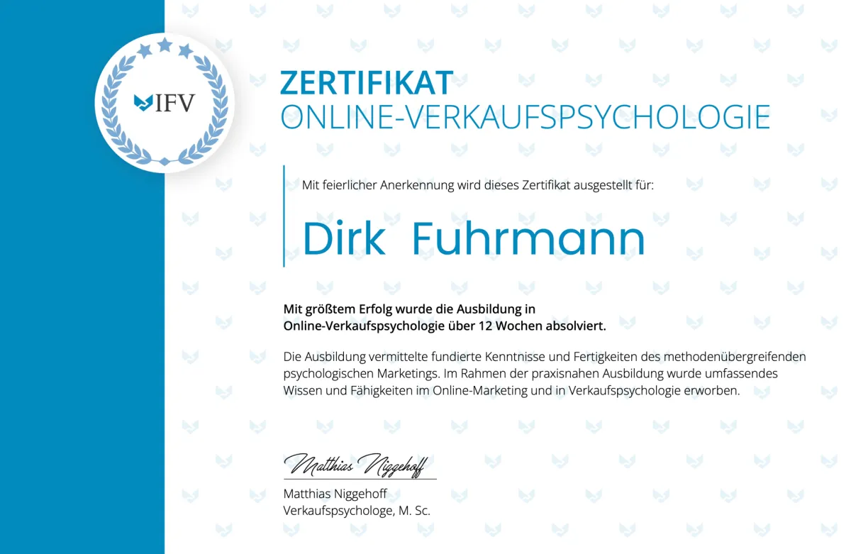 ZERTIFIKAT ONLINE-VERKAUFSPSYCHOLOGIE für Dirk Fuhrmann, ausgestellt vom IFV.